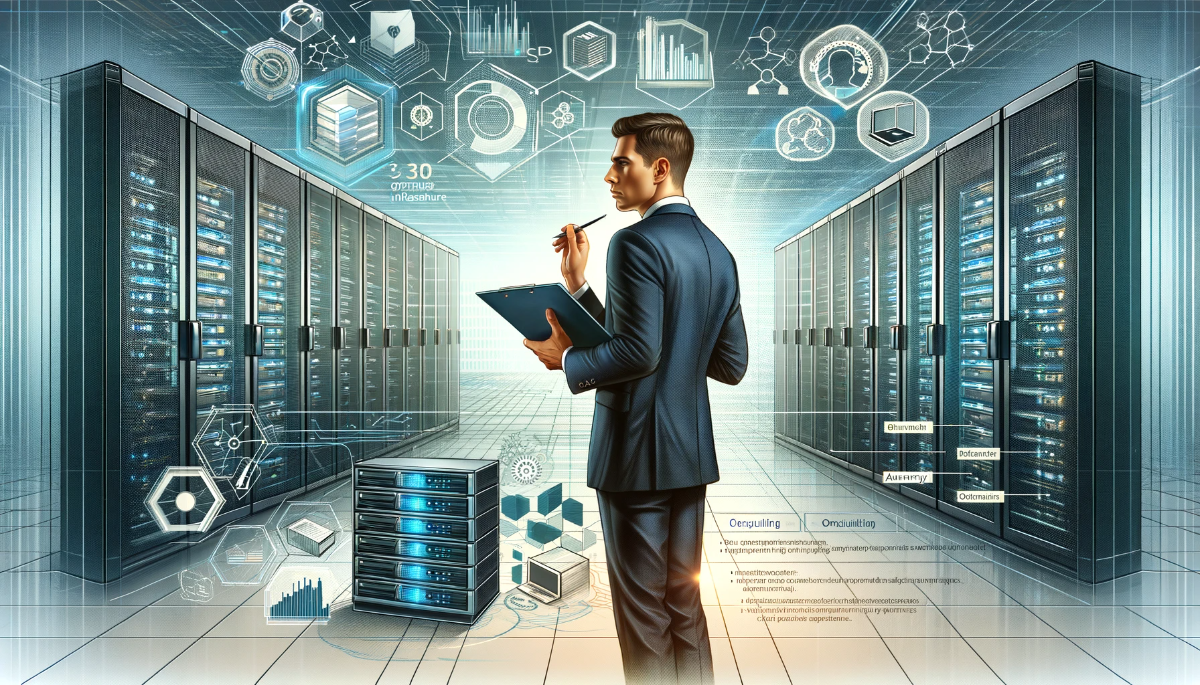 Consultant optimizing modern data center infrastructure as a part of Data Center Consulting Services, visualized in an illustrative artwork.