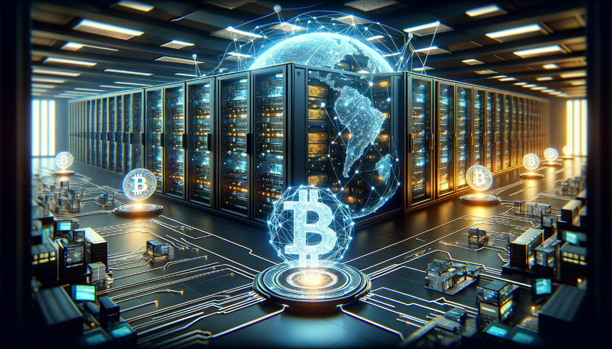 Advanced large-scale data center showcasing the crucial role in processing Bitcoin transactions