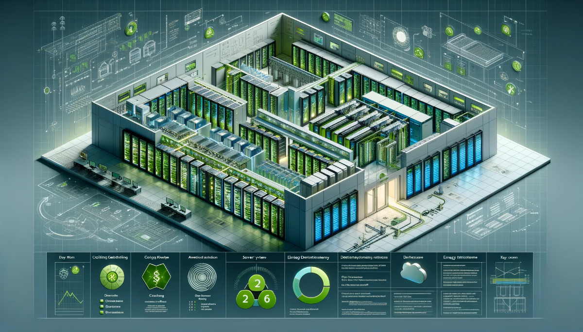 layout of a high-efficiency data center. "Architectural blueprint showcasing best practices in creating an efficient data center design for optimal performance