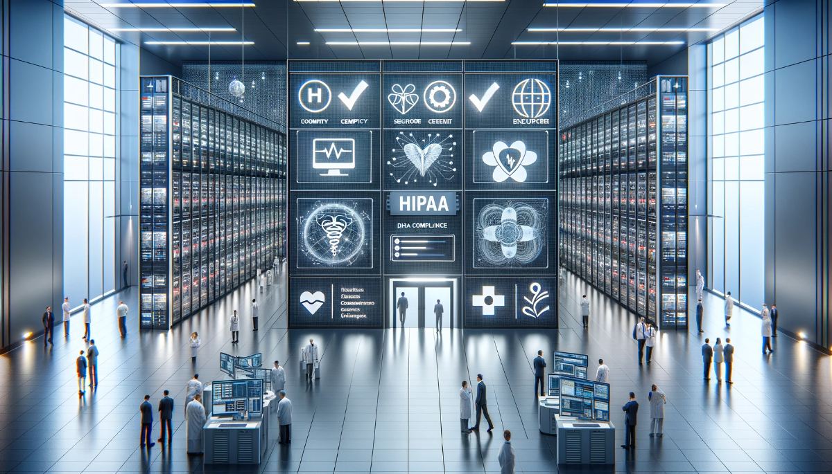 Modern data center infrastructure meticulously organized and secure, ensuring HIPAA compliance in healthcare data storage and management.