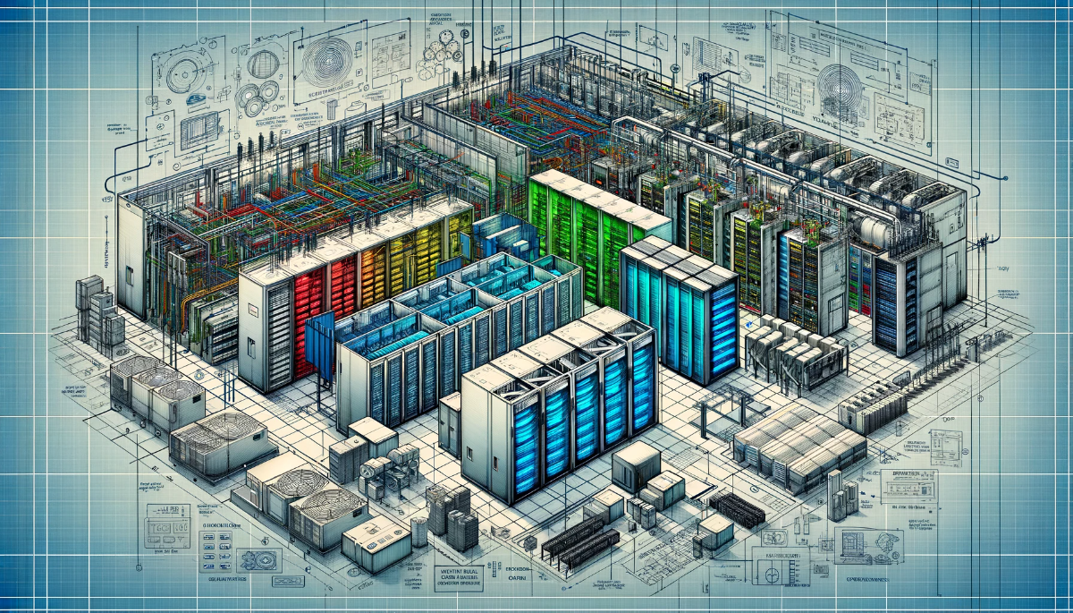 Modern data center architecture with server racks and advanced technology, ideal for digital infrastructure.