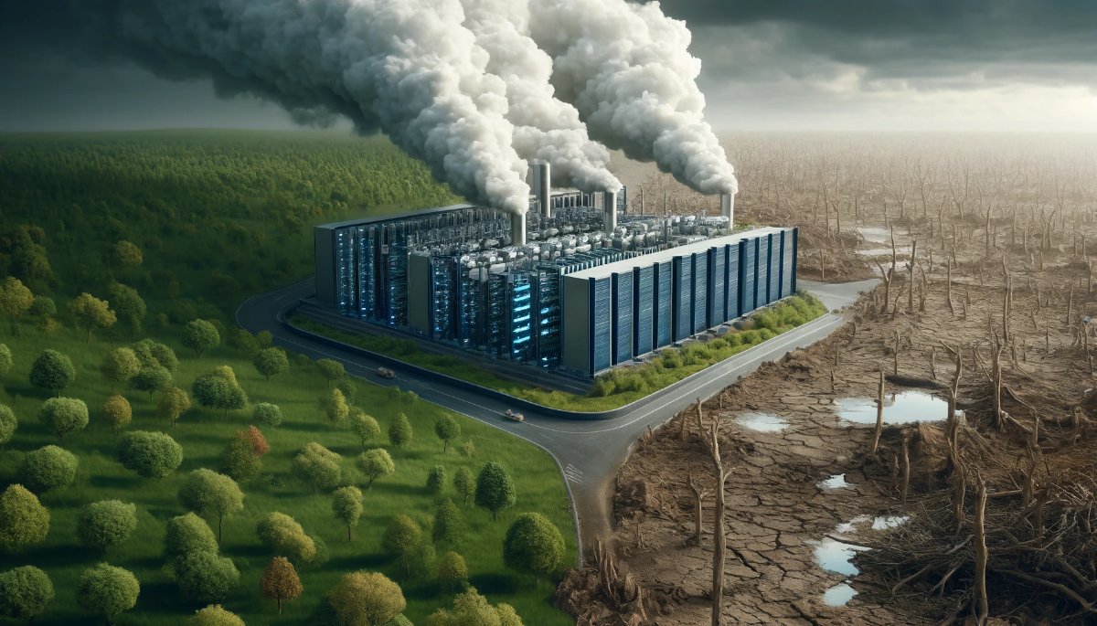 Realistic image illustrating the environmental impact of a large modern data center, showing visible emissions and cooling tower contributing to pollution.