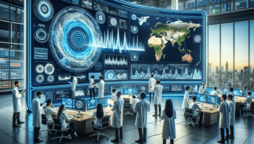 High-resolution image showcasing a digital visualization of machine learning used in the prediction and analysis of earthquake and seismic activity; the scene includes a large, futuristic, curved monitor displaying the data analysis.