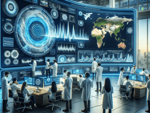 High-resolution image showcasing a digital visualization of machine learning used in the prediction and analysis of earthquake and seismic activity; the scene includes a large, futuristic, curved monitor displaying the data analysis.