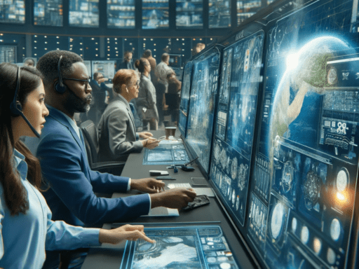 ge screens displaying real-time data, maps, and communication tools._ "Advanced command center with diverse team using AI technology for disaster response operation, displaying real-time data and maps on large screens"