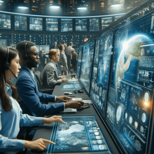 ge screens displaying real-time data, maps, and communication tools._ "Advanced command center with diverse team using AI technology for disaster response operation, displaying real-time data and maps on large screens"