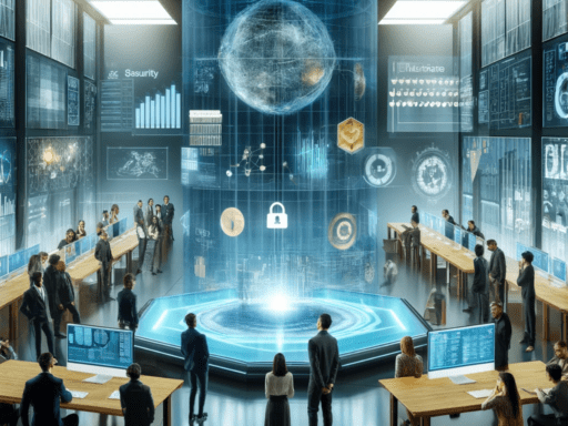 tual data room with various symbols representing common challenges such as data security, user accessibility, and data management.