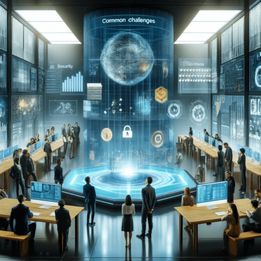 tual data room with various symbols representing common challenges such as data security, user accessibility, and data management.