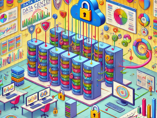 Cartoon-style infographic of data science methodologies for enhancing data center security showing a simplified, vibrant data center as the main focus.