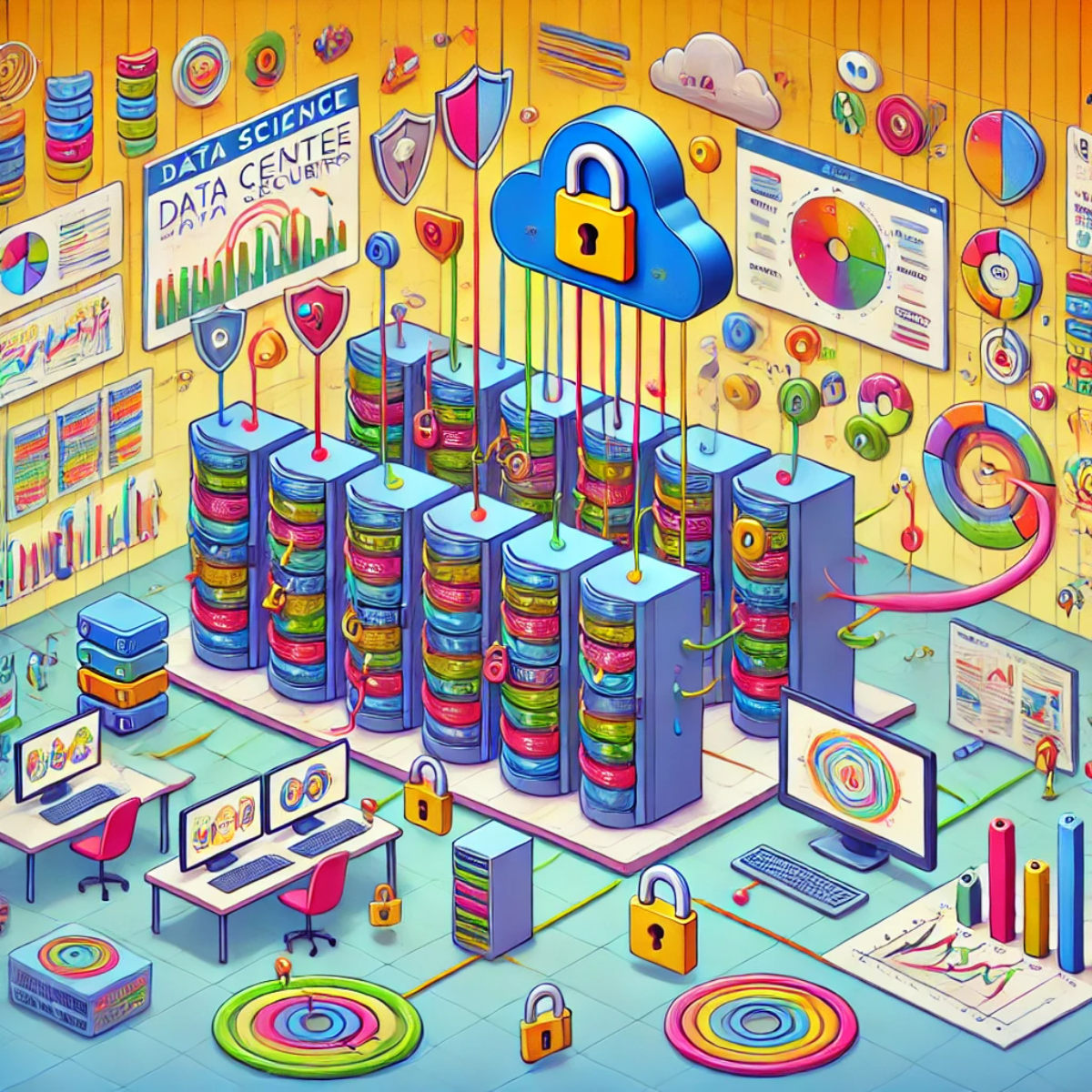 Cartoon-style infographic of data science methodologies for enhancing data center security showing a simplified, vibrant data center as the main focus.